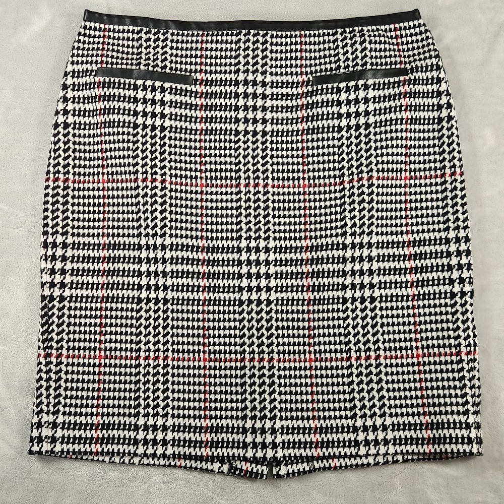 Talbots Pencil Skirt Black‎ White Red Houndstooth Faux Leather Trim 12P Capsule